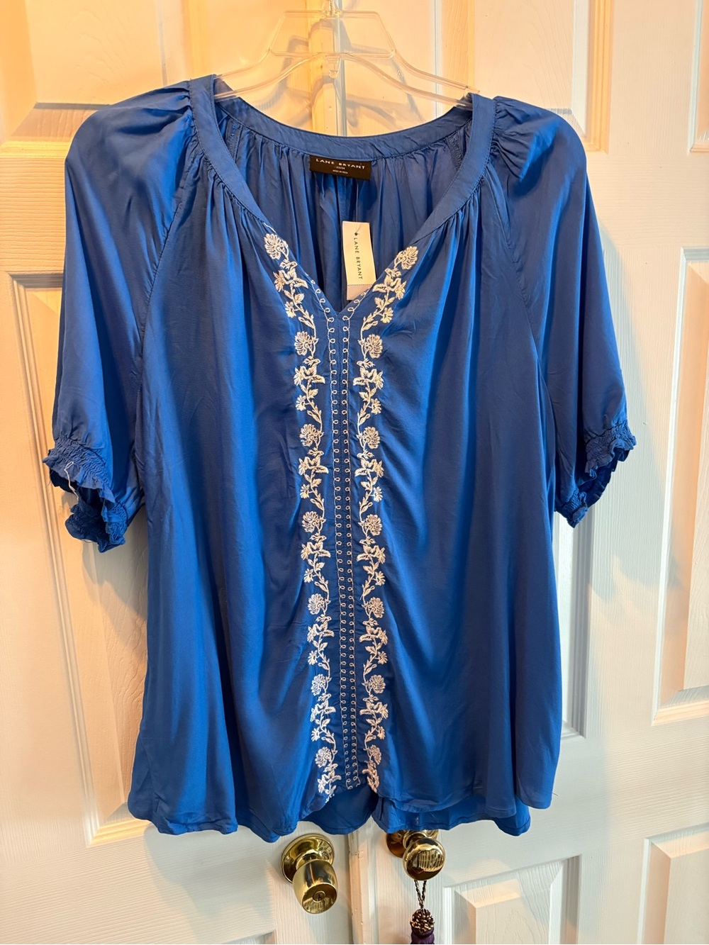 Lane Bryant Royal Blue Peasant Blouse with White Embroidery